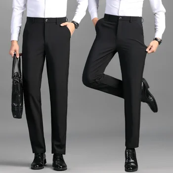 Весенне-осенние Мужские костюмные брюки, Тонкие Деловые Офисные эластичные брюки с высокой талией, Черно-серые Классические Корейские брюки, мужские Большие размеры Z40