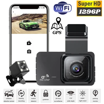 Видеорегистратор WiFi GPS Автомобильный видеорегистратор HD 1296P Камера с двойным объективом Видеорегистратор Черного ящика автомобиля Видеорегистратор ночного видения Авторегистратор