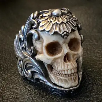 Винтажное носимое металлическое кольцо с черепом, Череп, посеребренный скелет, ослепительные рога, мужское кольцо для хулиганов, аксессуары для Хэллоуина и повседневной жизни