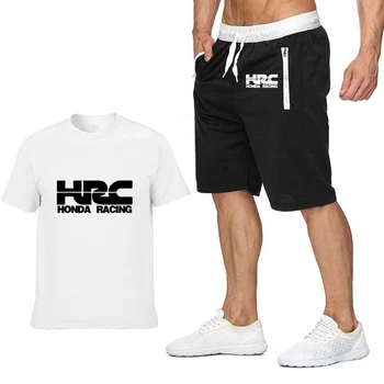 высококачественная Новая Летняя мужская футболка С логотипом мотоцикла HRC, высококачественная хлопковая Модная повседневная Мужская футболка + Брюки, костюм 2шт