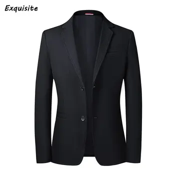Высококачественный Черный мужской блейзер Осень Зима, модная трикотажная ткань, деловой повседневный пиджак на двух пуговицах, мужская одежда