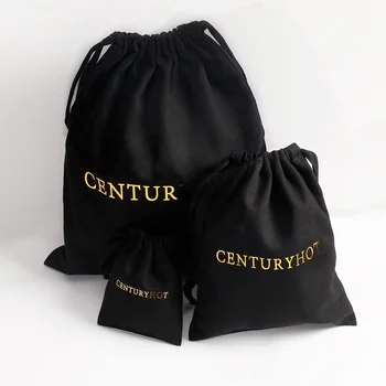 Высококачественный черный хлопчатобумажный мешочек на шнурке Хлопчатобумажная холщовая сумка на шнурке Персонализированный мешок для пыли с пользовательским логотипом