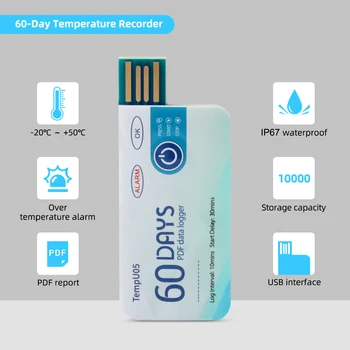 Высокоточный 60-дневный USB-регистратор температурных данных, сигнализация, термометр, рекордер, Отчет тестера PDF для лабораторной холодильной цепи