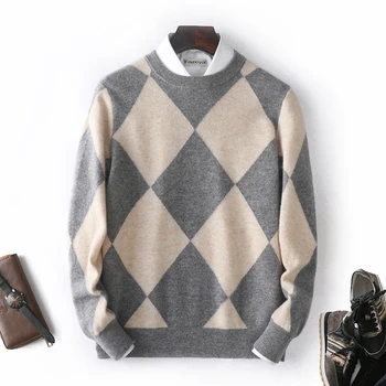 Вязаная Нижняя рубашка из 100% чистой шерсти, мужской свитер с круглым вырезом, подходящий по цвету Деловой Повседневный модный пуловер с длинным рукавом