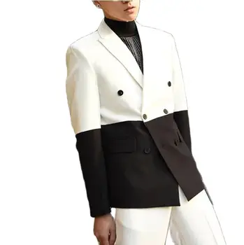 Двубортные повседневные мужские костюмы из 2 предметов, черно-белый свадебный смокинг, приталенный Мужской модный костюм жениха, куртка, брюки