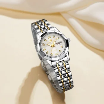 Деловые женские часы на день недели, маленький циферблат из серебристо-золотой нержавеющей стали, модные светящиеся женские наручные часы с белым циферблатом