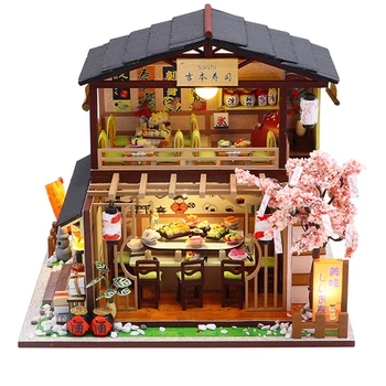 Деревянная мебель для дома, 3D модель миниатюрного кукольного домика для суши-ресторана ручной работы