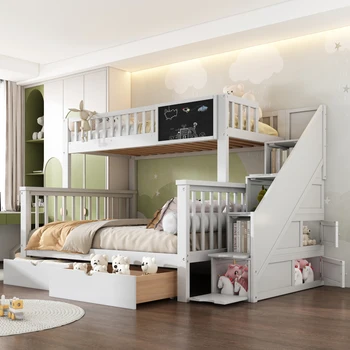 Детская двухъярусная кровать, двуспальная кровать, многофункциональная детская кровать, с доской и выдвижными ящиками, без матраса, белая
