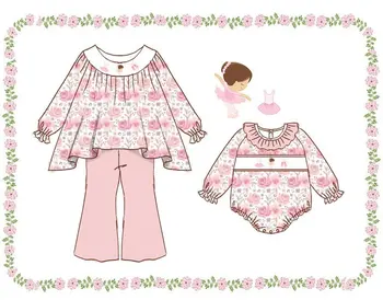 Детский комплект с длинными рукавами и круглым вырезом, верхняя одежда для девочек с цветочным принтом Розовой розы, балетная вышивка для девочек и брюки с плиссированным комбинезоном