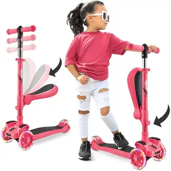Детский самокат с 3 колесами - Игрушечный самокат для детей и малышей со встроенными светодиодными фонарями на колесах, раскладывающимся комфортным сиденьем (возраст от 1 года) (Арбуз)