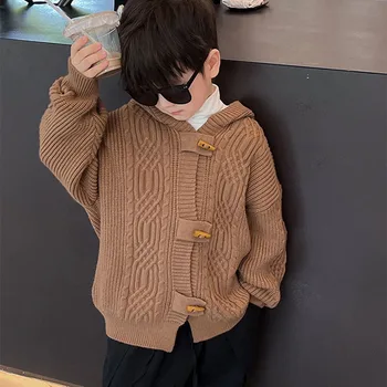 Детский свитер 2023, Осеннее новое модное трикотажное пальто с капюшоном, свитер для мальчиков, Тренд 10-356