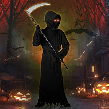 Детский страшный костюм на Хэллоуин Костюм Мрачного жнеца для мальчиков Детский костюм со светящимися красными глазами Набор для косплея Horror Scythe