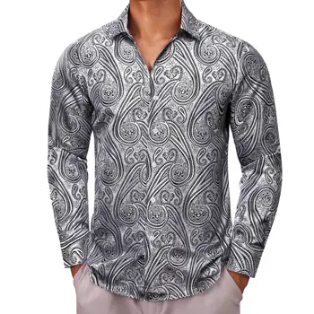 Дизайнерские рубашки для мужчин, Шелковые, Бело-серые, с узором Пейсли, С длинным рукавом, Приталенные Мужские Блузки, Повседневные Вечерние топы, Дышащие Barry Wang