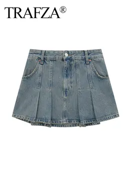 Женская облегающая джинсовая юбка TRAFZA в стиле ретро со средней талией и застежкой-молнией, летняя модная плиссированная женская джинсовая мини-юбка в уличном стиле