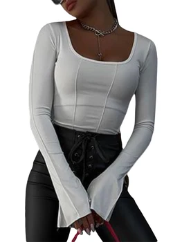 Женская облегающая футболка с квадратным вырезом и длинным рукавом в стиле ретро, топ Y2K Seam в винтажном стиле для стильного ночного выхода