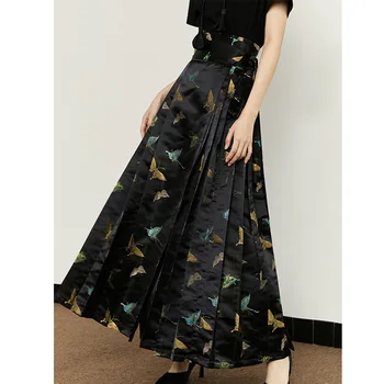 Женская плиссированная юбка Миди с вышивкой бабочкой и высокой талией, Черная Винтажная юбка 2023, Новинка лета В