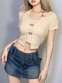 Женская футболка с коротким рукавом, летняя поддельная футболка из двух частей, женский укороченный топ Y2K, женская уличная одежда с коротким рукавом