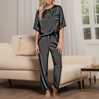 Женские атласные комплекты, высококачественный комфортный пижамный комплект, рубашка с коротким рукавом и длинные брюки, Мягкая Классическая домашняя одежда, однотонные наряды