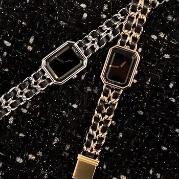 Женские квадратные часы с плетеной кожаной цепочкой, креативный тренд моды, водонепроницаемые женские модные часы в стиле ретро, кожа