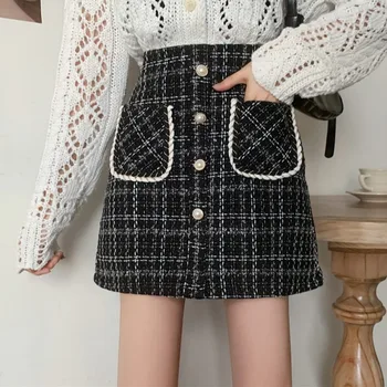 Женские мини-юбки-карандаш на пуговицах Осень-зима 2023, Корейская мода Y2k, элегантная твидовая юбка с высокой талией, Женские клетчатые юбки