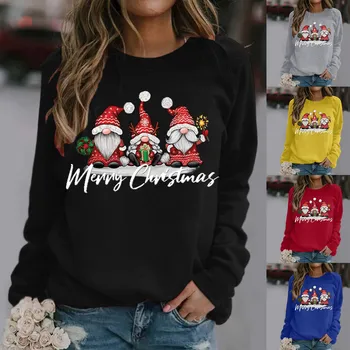 Женские рождественские толстовки, зимняя рубашка с круглым вырезом, легкая классическая толстовка с длинными рукавами и принтом, однотонный свитер сверху