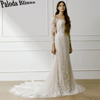Женские свадебные платья Paloda Classic с объемными пуговицами, кружевные аппликации, длинные рукава, иллюзионный тюлевый шлейф, Vestidos De Novia