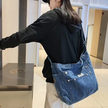 Женские сумки через плечо с несколькими карманами Высококачественные джинсы Мягкие портативные женские шикарные сумки-тоут из выстиранного денима Повседневная женская сумка через плечо