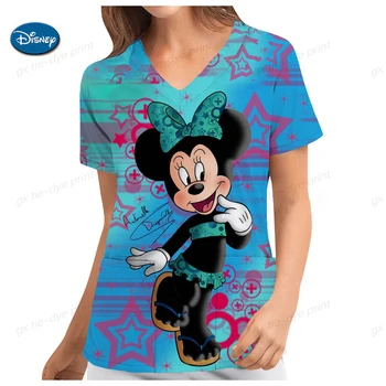 Женские топы-скрабы Disney Mickey с карманами, форма для скрабирования с V-образным вырезом, топы-скрабы для медсестер с мультяшным принтом, Женская рубашка с коротким рукавом, женская