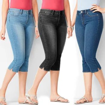 Женские эластичные облегающие повседневные джинсовые брюки-капри, винтажные универсальные однотонные женские джинсы средней посадки с карманами