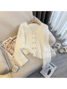 Женский Белый мохеровый кардиган, вязаный свитер, мода 90-х, Свободный вязаный свитер с V-образным вырезом и длинным рукавом, Корейский джемпер Y2k, винтажная одежда