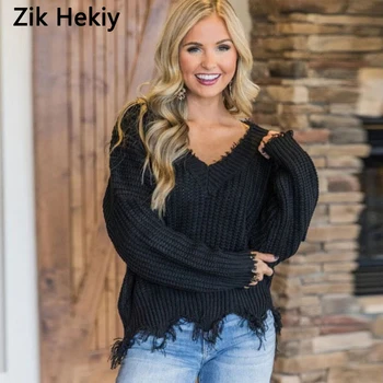 Женский вязаный свитер Zik Hekiy с перекрестными завязками и бахромой, V-образный вырез, длинные рукава, женская осенняя сотня с завязками на голове