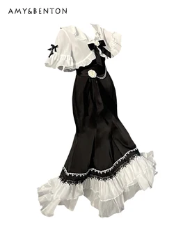 Женское летнее платье с рыбьим хвостом на ремешке, элегантный черный топ с коротким рукавом, подчеркивающий фигуру, Макси-платье в стиле Лолиты Со сладким бантом и цветочным принтом