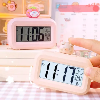 ЖК-цифровой будильник Мини-мультяшные Электронные настольные часы С индикацией температуры и даты Часы для сна студента на батарейках