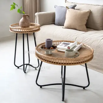 Журнальный столик из массива дерева в скандинавском стиле, японская мебель для гостиной, журнальные столики из ротанга, угловые круглые столики для дома в небольшой квартире