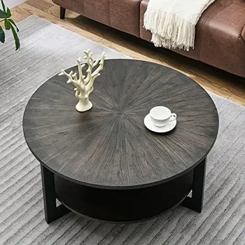 Журнальный столик с полкой для хранения, коктейльный столик в гостиной фермерского дома с черными металлическими ножками, круглая подставка для чая / кофе из массива дерева