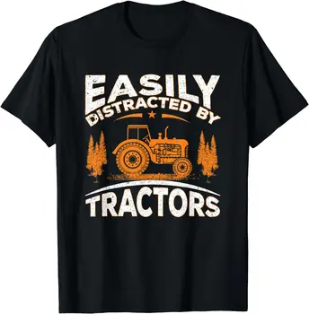 Забавный подарок с цитатой из фермерского хозяйства, легко отвлекающийся на тракторы, Мужская Женская черная футболка с коротким рукавом