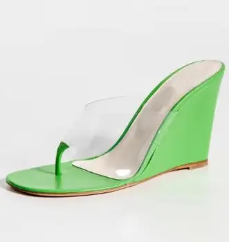 Зеленые кожаные прозрачные ПВХ Тапочки с круглым носком и клипсой на танкетке, женские босоножки на высоком каблуке для отдыха, Женская обувь 43 размера
