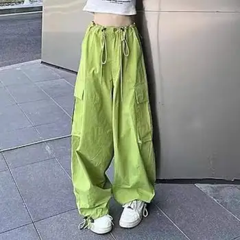 Зеленые леггинсы с высокой талией и завязками, повседневные брюки для женщин 2023, летние тонкие брюки-карго, свободные широкие брюки