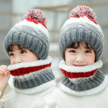Зимняя детская Милая вязаная плюшевая шапка-шарф из двух частей с двойным флисом Для мальчиков и девочек, мягкая уличная ветрозащитная шапка, детская шапка