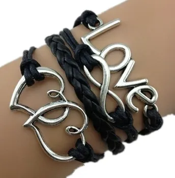 Изготовленный на заказ в европейском стиле Двойной сердечный символ Word Love 8 Неограниченных многослойных плетеных кожаных браслетов
