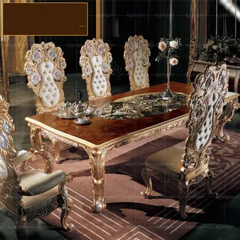 изготовленный на заказ итальянский роскошный обеденный стол с резьбой из цельного дерева и сочетание стульев с европейской золотой фольгой long villa