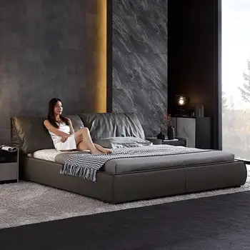 Итальянская постмодернистская кожаная кровать, роскошная современная минималистичная кровать в главной спальне, Скандинавская минималистичная свадебная кровать, Кожаная кровать