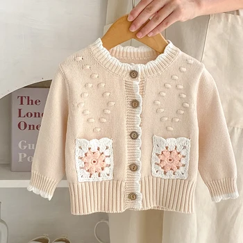 Кардиган для новорожденных девочек в корейском стиле, свитер для маленьких девочек, пальто, осенне-весенняя одежда для вязания для маленьких девочек