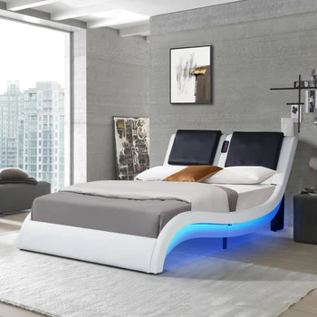 Каркас двуспальной кровати, обитый искусственной кожей, со светодиодной подсветкой, подключение Bluetooth для воспроизведения музыки, управление с массажем спинки