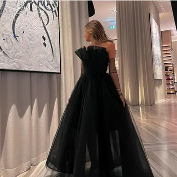 Классические длинные Мусульманские вечерние платья из черного тюля, Трапециевидное плиссированное платье в пол, женское вечернее платье для выпускного вечера