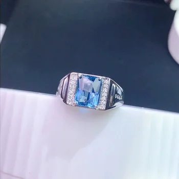 Классическое кольцо из серебра 925 пробы с голубым драгоценным камнем для мужчин, кольцо с натуральным топазом 7 мм * 9 мм с позолотой, Мужское кольцо с топазом