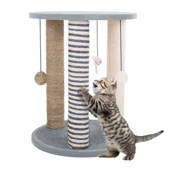 Когтеточка для серого кота PetMaker из сизаля Tower - 3 столба, 2 жердочки с ковровым покрытием, подвесная игрушка с мячом / мышью