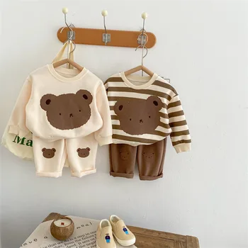 Комплекты детской одежды 2023, осень-зима, толстовка с вышивкой медведя из мультфильма, штаны, костюмы из 2 предметов для маленьких мальчиков и девочек, хлопковая одежда