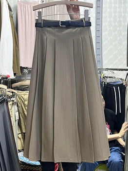 Корейская модная плиссированная юбка для женщин, женские длинные юбки трапециевидной формы с высокой талией и поясом, женская повседневная универсальная юбка, прямая поставка