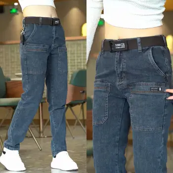 Корейские мужские узкие джинсы Y2k, винтажные Синие джинсовые брюки-карго, карманы, Мужская Повседневная Уличная одежда, Джинсы, брюки, одежда 2024 Новинка